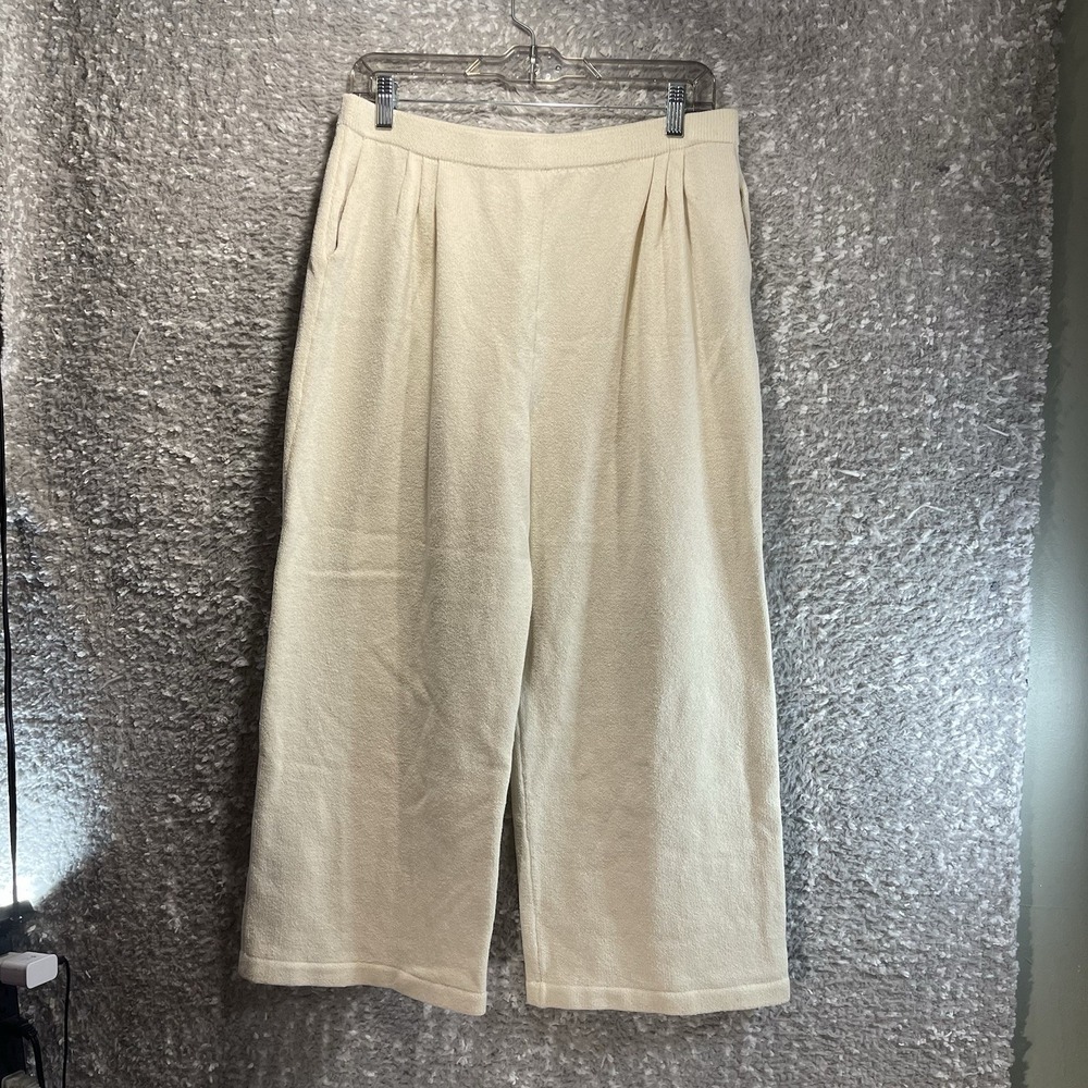 St John Womens Pleated Crop Pants 12 Ivory Santana Knit Wide Leg Preppy Designer